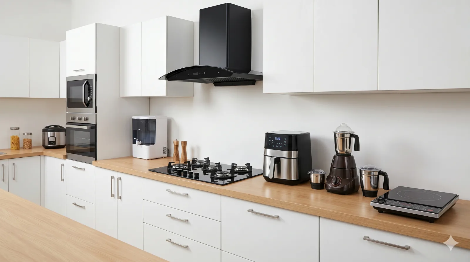 Modern Indian kitchen with branded chimney, hob and induction appliances supplied by Fairdeal